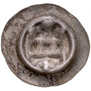 Button brakteat, Av.: Gate, above it a sphere, below it a cross.