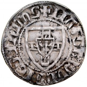 Winrych von Kniprode 1351-1382, Szeląg, Av.: Tarcza wielkiego mistrza, Rv.: Tarcza krzyżacka, Toruń.