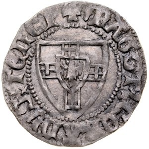 Konrad von Jungingen 1393-1407, Szeląg, Av.: Tarcza wielkiego mistrza, Rv.: Tarcza krzyżacka, Gdańsk, Malbork, Toruń.