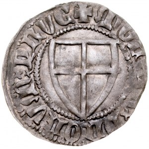 Konrad von Jungingen 1393-1407, Szeląg, Av.: Tarcza wielkiego mistrza, Rv.: Tarcza krzyżacka, Gdańsk, Malbork, Toruń.