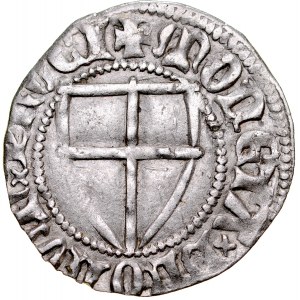 Konrad von Jungingen 1393-1407, Szeląg, Av.: Tarcza wielkiego mistrza, Rv.: Tarcza krzyżacka, Gdańsk, Malbork, Toruń.