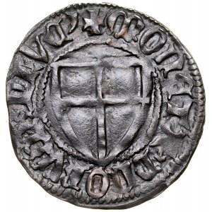 Konrad von Jungingen 1393-1407, Szeląg, Av.: Tarcza wielkiego mistrza, Rv.: Tarcza krzyżacka, Gdańsk, Malbork, Toruń.