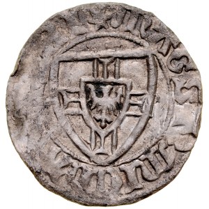 Michal Kuchmeister von Sterberg 1414-1422, mušľa, Av.: veľmajstrovský štít, Rv.: teutónsky štít, Gdansk.