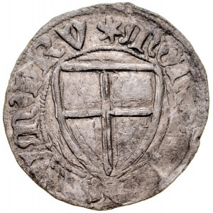 Michal Kuchmeister von Sterberg 1414-1422, mušľa, Av.: veľmajstrovský štít, Rv.: teutónsky štít, Gdansk.