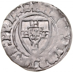 Henryk von Plauen 1410-1413, Szeląg, Av.: Tarcza wielkiego mistrza, Rv.: Tarcza krzyżacka, Malbork, Toruń.