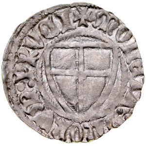 Henryk von Plauen 1410-1413, Szeląg, Av.: Tarcza wielkiego mistrza, Rv.: Tarcza krzyżacka, Malbork, Torun.