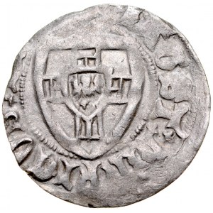 Henryk von Plauen 1410-1413, Szeląg, Av.: Tarcza wielkiego mistrza, Rv.: Tarcza krzyżacka, nad nią litera D, Gdańsk. RR..