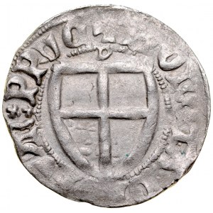 Henry von Plauen 1410-1413, mušľa, Av.: štít veľmajstra, Rv.: teutónsky štít, nad ním písmeno D, Danzig. RR.