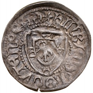 Henrich I. Reuss von Plauen 1467-1470, mušľa, Av.: veľmajstrovský štít, Rv.: teutónsky štít, Königsberg.