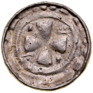Denar krzyżowy XI w., Av.: Krzyż kawalerski, Rv.: Krzyż prosty, ramiona zakończone kropkami, między ramionami po dwie kropki.