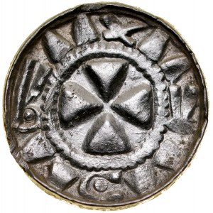 Kreuzdenar 11. Jahrhundert, Av: Junggesellenkreuz, Rv: Gerades Kreuz, zwischen den Armen zwei Kreise und zwei Punkte.