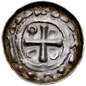 Denar krzyżowy XI w., Av.: Krzyż kawalerski, Rv.: Krzyż prosty, między ramionami dwa kółka i dwie kropki.