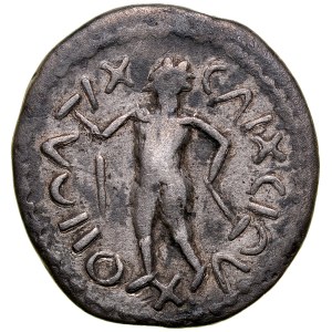 Regnum Barbaricum, Imitation, Denar, Antoninus Pius, 2. Jh. n. Chr., Av.: Barbarisierte Büste des Antoninus Pius, unleserliche Legende aus zufälligen Markierungen, Rv: Stehende menschliche Figur mit Krähenkopf?, Imitationslegende.