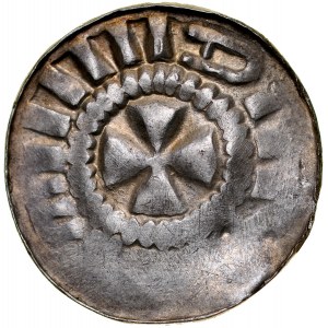 Cross denarius 11th century, Av: Bachelor's cross, Rv.: Alpha, Omega.