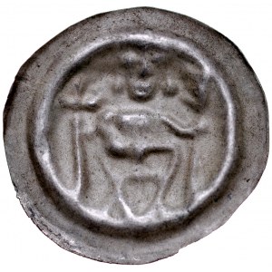 Button brakteat, Av: Religious knight holding shield, flanked by cross and pennant. RR.
