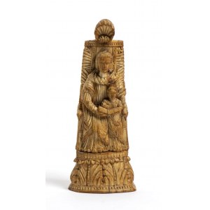 Indo-Portuguese ivory carving depicting the Enthroned Virgin and Child - Goa, 17th century