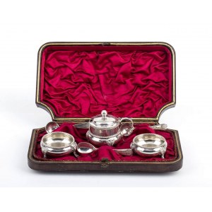 English Victorian sterling silver Salt, Pepper and Mustard pot - Birmingham 1885, mark of HILLIARD & THOMASON