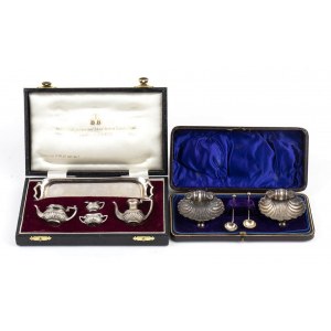 Lot consisting of a miniature tea and coffee set and a pair of silver salt shakers - Birmingham 1977 for Queen Elizabeth's Jubilee and Birmingham 1894