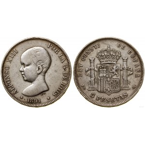 Spain, 5 pesetas, 1891 PGM, Madrid