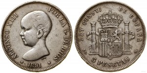 Hiszpania, 5 peset, 1891 PGM, Madryt