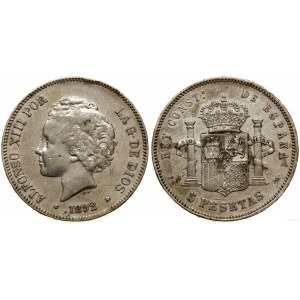 Spain, 5 pesetas, 1892 PGM, Madrid