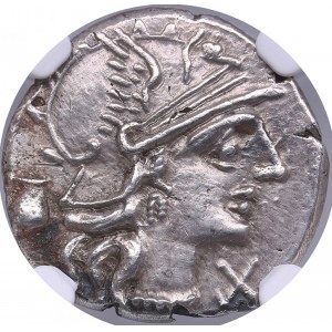 Roman Republic AR Denarius - Sex. Pompeius Fostlus (c. 137 BC) - NGC AU