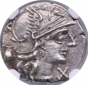 Roman Republic AR Denarius - Sex. Pompeius Fostlus (c. 137 BC) - NGC AU