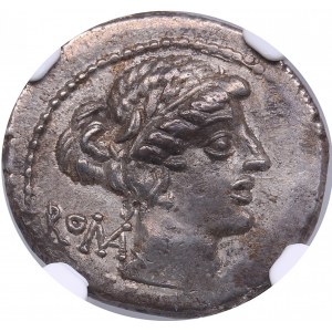 Roman Republic AR Denarius - M. Porcius Cato (c. 89 BC) - NGC AU