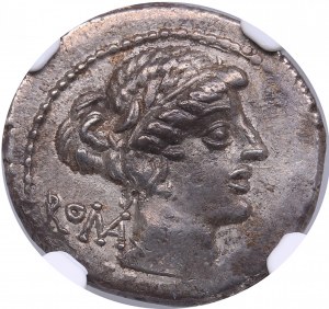 Roman Republic AR Denarius - M. Porcius Cato (c. 89 BC) - NGC AU