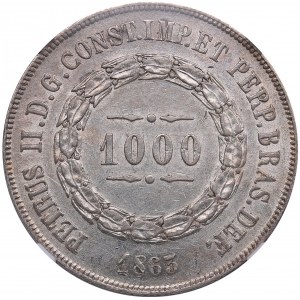 Brazil 1000 Reis 1863 - NGC AU 58