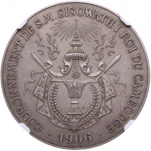 Cambodia Silver Sisowath Coronation Specimen medal (4 Francs-sized) 1906 - NGC AU 58 MATTE