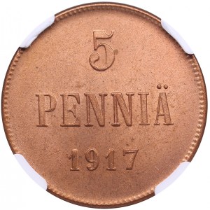 Finland, Russia 5 Penniä 1917 - Civil war issue - NGC MS 64+ RD
