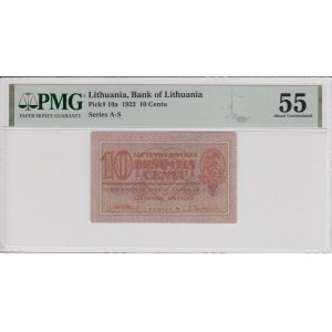 Lithuania 10 Centu 1922 - PMG 55 About Uncirculated