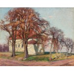 Karol Biske (1863-1928), Pejzaż jesienny z wiejskim kościółkiem, 1925 r.