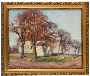 Karol Biske (1863-1928), Pejzaż jesienny z wiejskim kościółkiem, 1925 r.