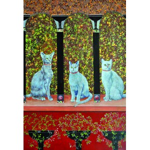 Jerzy JURP PLUCHA b. 1951, Three red cats with red collars, 2014