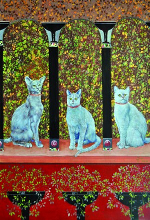 Jerzy JURP PLUCHA ur. 1951, Trzy czerwone koty w czerwonych obrożach, 2014