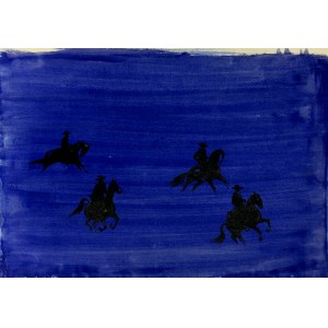Ludwik MACIĄG (1920-2007), Czarne sylwety jeźdźców na koniach na niebieskim tle