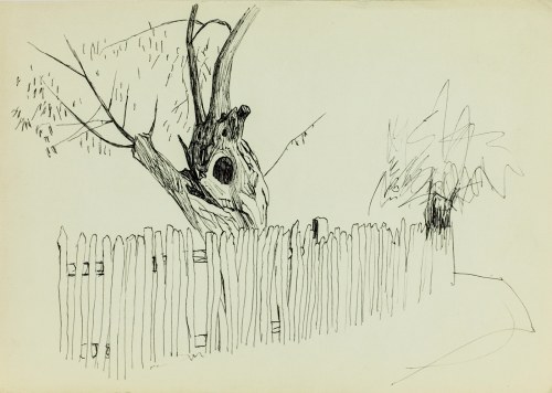 Ludwik MACIĄG (1920-2007), Szkic pejzażowy z motywem drzewa i drewnianego płotu