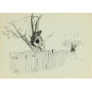 Ludwik MACIĄG (1920-2007), Landscape sketch with the motif of a tree and a wooden fence