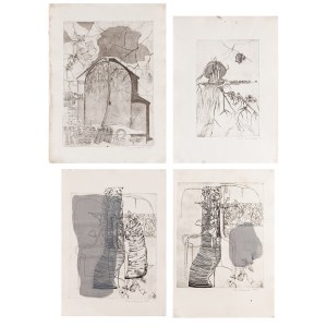 Ewa WIECZOREK (1947-2011), Satz von vier Werken: 1. Komposition (Haus), 1969 2. Komposition mit Schloss, 1970 3. Komposition mit Pflanzen - Version 1, 1970 4. Komposition mit Pflanzen - Version 2, 1971