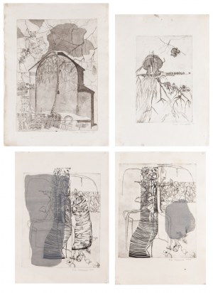Ewa WIECZOREK (1947-2011), Zestaw czterech prac: 1. Kompozycja (Dom), 1969 2. Kompozycja z zamkiem, 1970 3. Kompozycja z roślinami - wersja 1, 1970 4. Kompozycja z roślinami - wersja 2, 1971