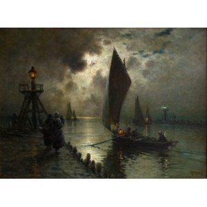 Georges Philibert Charles MARONIEZ [1865-1933], Ein Fischereihafen im Mondlicht
