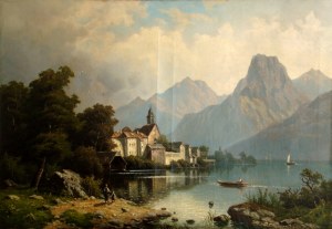 Heinrich DAHMEN (1876-1943), Miasteczko nad jeziorem w górach, 1887r.