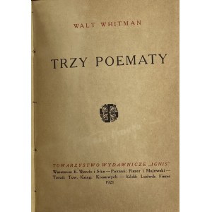 Whitman Walt, Three Poems [1st Polish edition][Stanislaw de Vincenz][leather cover].