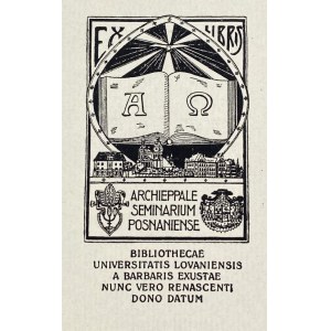 The donation ex-libris of the Library of the Seminary in Poznan for the Library of the University of Lowanjum designed by Fr. Gregory Handke [1923].