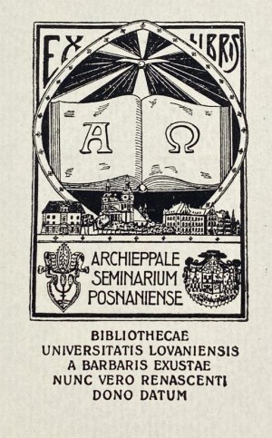 The donation ex-libris of the Library of the Seminary in Poznan for the Library of the University of Lowanjum designed by Fr. Gregory Handke [1923].