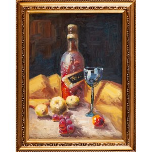 Peintre non spécifié (20e siècle), Nature morte avec bouteille, verre et fruits