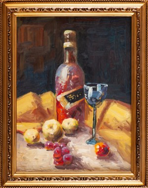 Malarz nieokreślony (XX w.), Martwa natura z butelką, kielszkiem i owocami