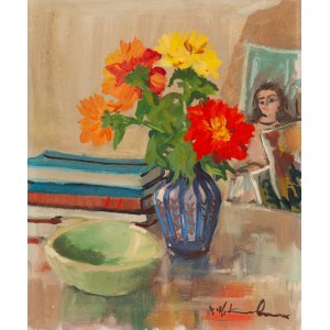 Painter unspecified (20th century), Still life with flowers, books and a photograph
